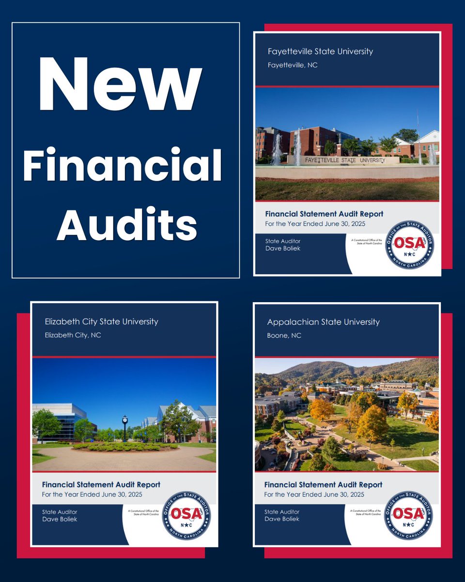 The Office of the State Auditor (OSA) audits North Carolina’s public colleges to ensure accountability, transparency, and responsible stewardship of public funds.
We’ve just released new financial audits for three universities—each receiving a clean audit opinion and