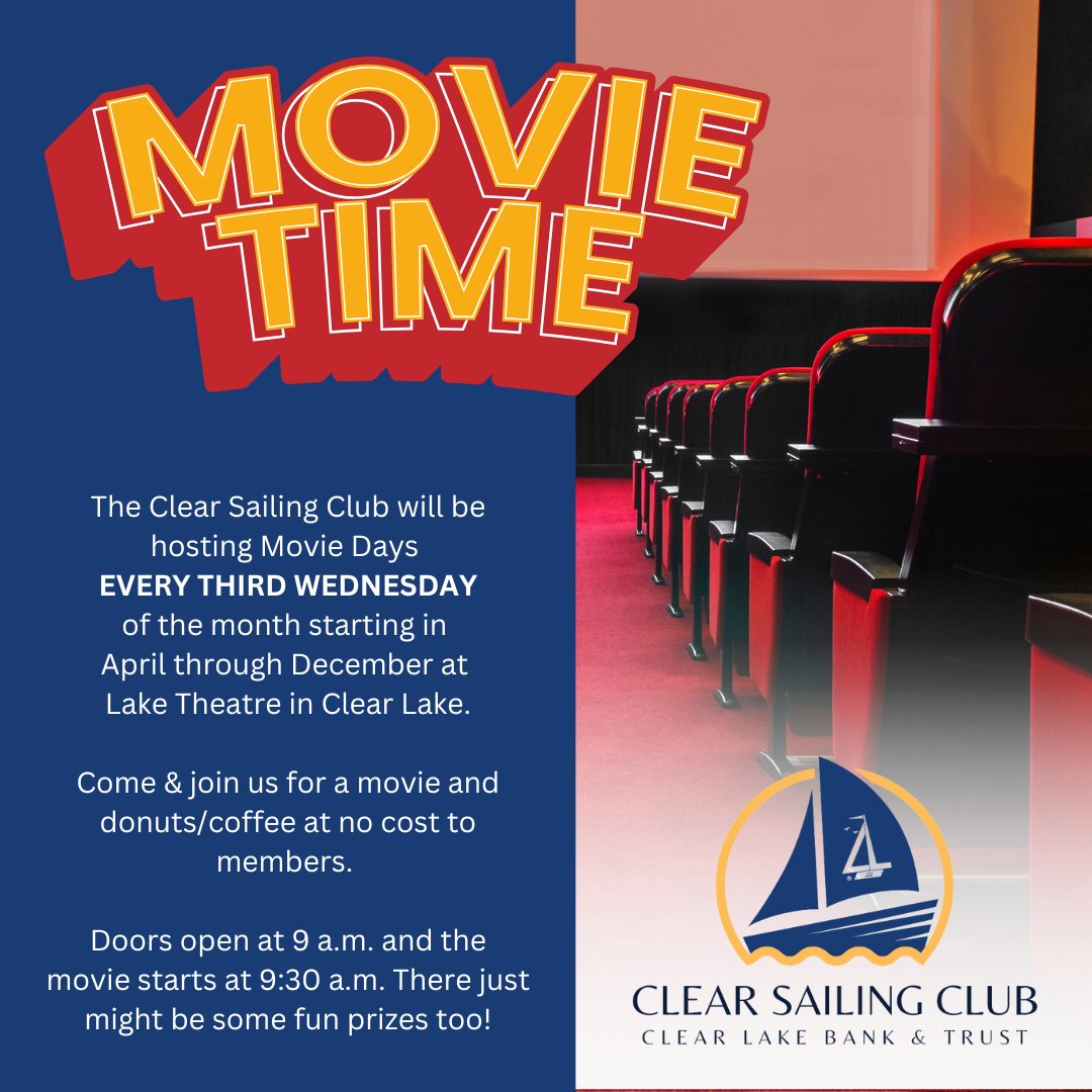 Clear Sailing Club members: This Wednesday is our FINAL Movie Day of the year! make plans to join us and bring a friend to enjoy the flick.