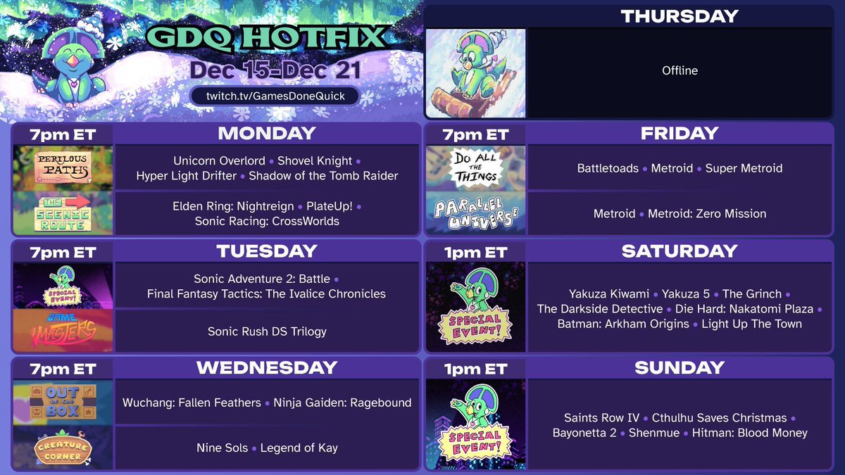 GamesDoneQuick's tweet image. There's a Holiday Special coming up this weekend on GDQ Hotfix!! 🎄 ☃️ 

gamesdonequick.com/hotfix/schedule