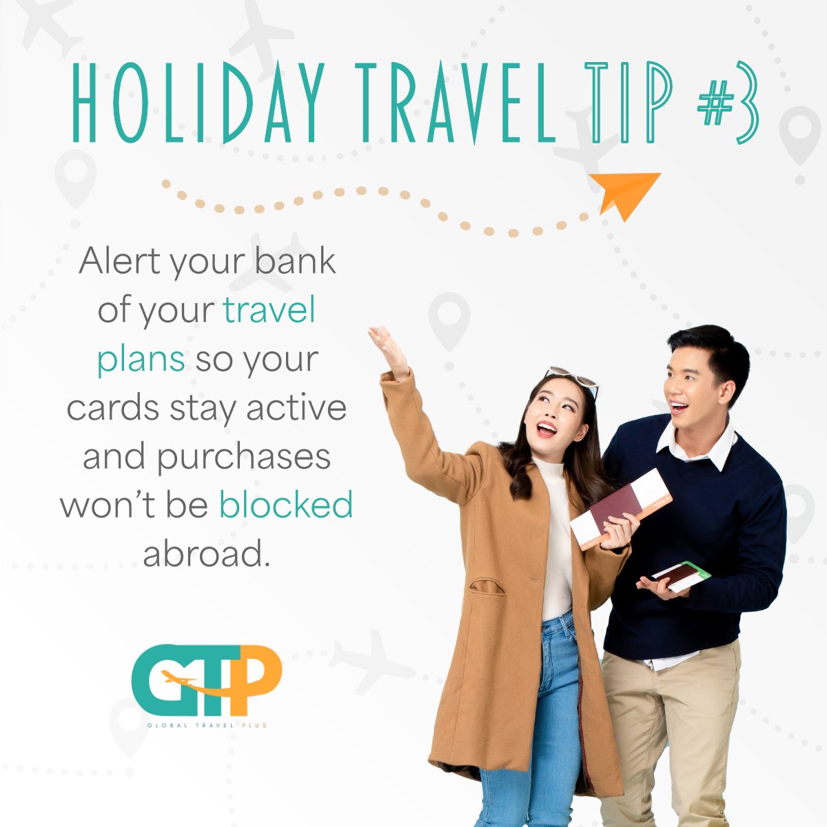 Smooth travels start with smart planning. Let your bank know your travel plans to avoid blocked cards on your adventure 🌎💳 #GlobalTravelPlus #HolidayTravelTips #TravelConfidently