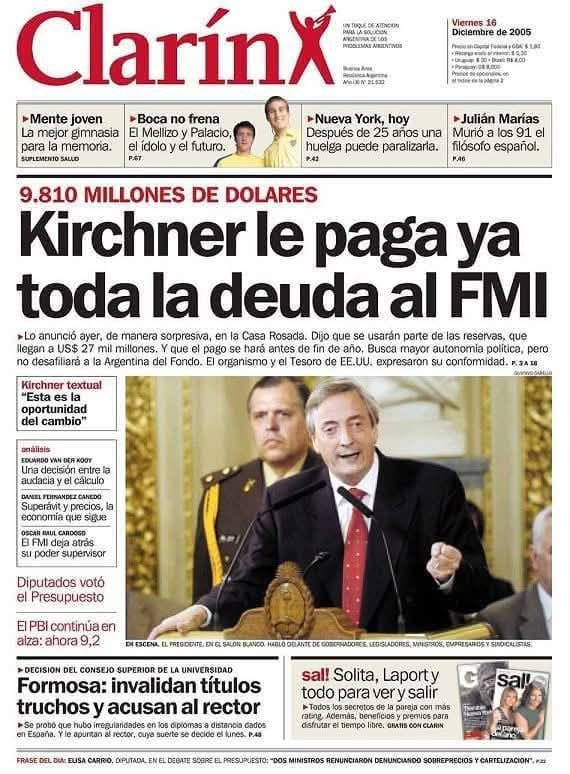 “La Argentina paga, la Argentina se libera, la Argentina construye su futuro”.

Hace 20 años, Néstor anunciaba el pago de la deuda con el Fondo Monetario Internacional y nos convocaba a construir una Patria dueña de su propio destino, libre y soberana.
