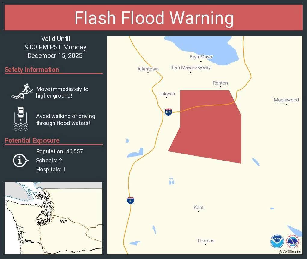 KCPubHealth's tweet photo. Reposted from @NWSSeattle: FLASH FLOOD WARNING for residents and businesses east of the Green River in the Orillia area in Tukwila, Renton and Kent. 

Due to breach in the Desimone Levee, this area is under a GO NOW evacuation notice. Leave immediately if you are in this area. https://t.co/qj4ON17gaA