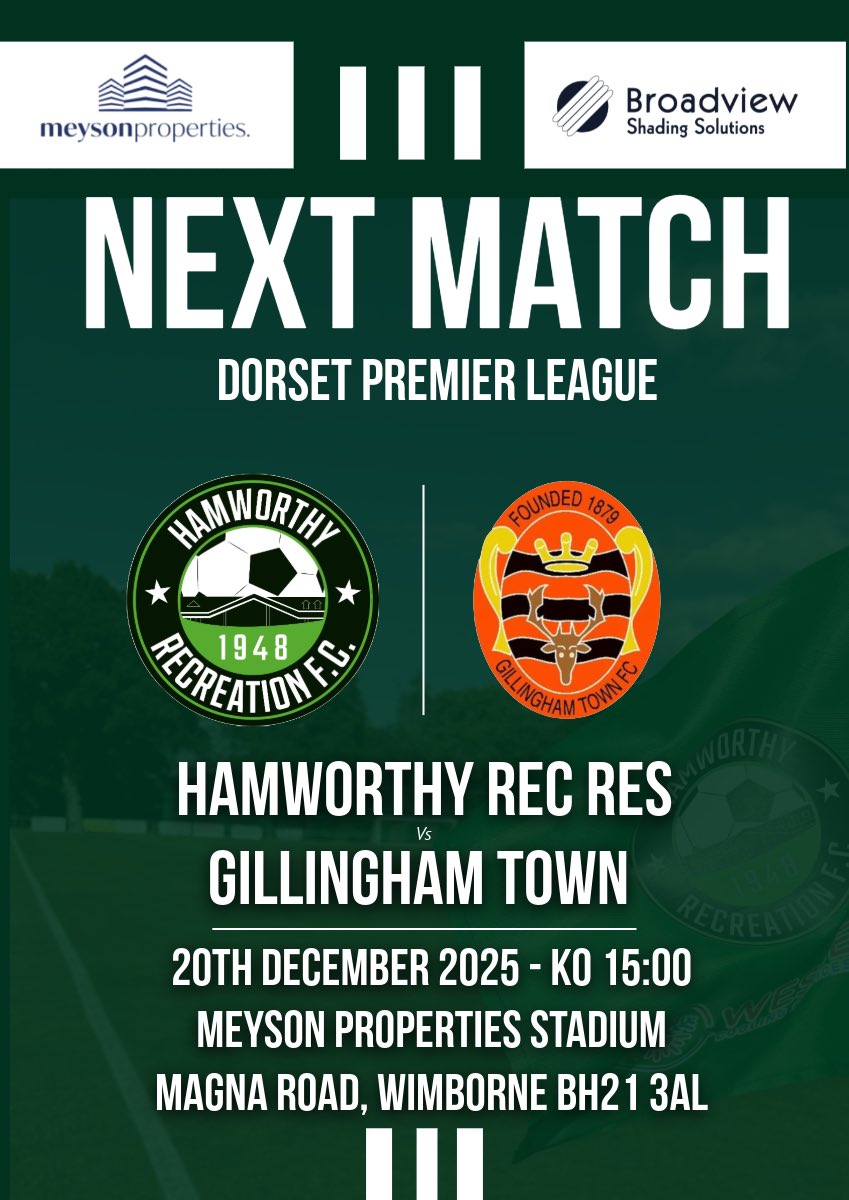 Next Up 📆 Game Day 19

We are back at the Meyson Properties Stadium were we host <a href="/GillTownFC/">Gillingham Town FC 🧡🖤⚽️</a> in the <a href="/DPL_official/">Dorset Premier Football League</a> in our final home game of 2025

KO - 15:00 

<a href="/swsportsnews/">South West Sports News</a>
<a href="/nonleaguesouths/">Non-League Southern News</a>
<a href="/NonLeagueFix/">NonLeagueFixtures</a>
<a href="/NonLeagueHQ1/">NonLeagueHQ</a>
<a href="/NonLeagueCrowd/">Non League Crowds</a>
<a href="/UltiFootNet/">Ultimate Football Networks(UFN)</a>
<a href="/MatchDayFeverr/">MatchDay Fever</a> 

#UTRec 🟢⚪️
