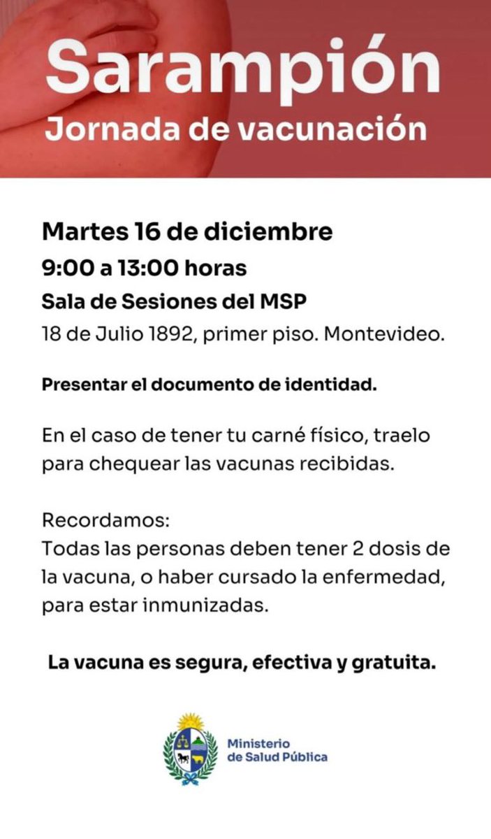 🛑 Seguimos con las jornadas de vacunación contra el sarampión.
La vacuna es segura y gratuita. Te esperamos mañana.