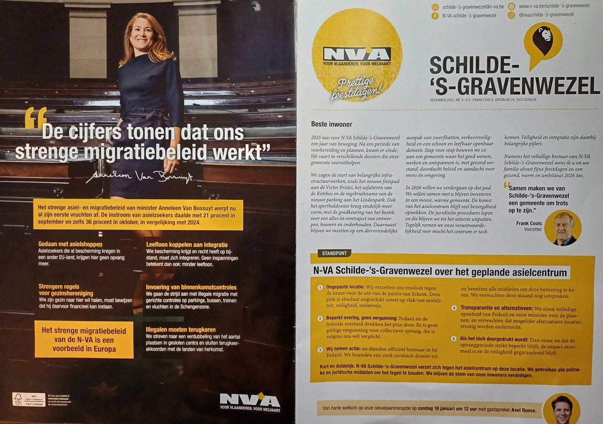 De NVA brochure in de bus! Grote foto van de "strenge" NVA asielminister die ons een asielcentrum cadeau doet en daarnaast een kader met alle redenen waarom het NVA gemeentebestuur "resoluut" tegen het asielcentrum is. Hypocrieter kan het niet. Nooit meer NVA. 🤮