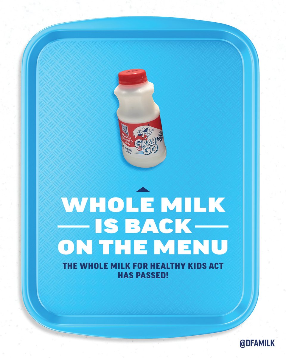 Big news: The U.S. House of Representatives has passed the Whole Milk for Healthy Kids Act!

Schools can once again choose to serve whole and 2% milk at meals.

Thank you to <a href="/CongressmanGT/">Glenn "GT" Thompson</a>, <a href="/DrKimSchrier/">Dr. Kim Schrier</a>, <a href="/RogerMarshallMD/">Dr. Roger Marshall</a>, <a href="/SenPeterWelch/">Senator Peter Welch</a>, and more than 115 bipartisan co-sponsors.