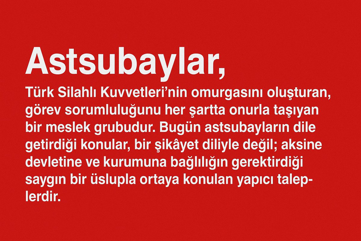 Astsubaylara ilişkin düzenleme ihtiyacı bir ayrıcalık talebi değil, Anayasa’nın öngördüğü görev–hak–ücret dengesinin yeniden tesis edilmesi meselesidir ve yalnızca astsubayların değil, TSK’nin kurumsal sürdürülebilirliği ve devlet kapasitesinin güçlendirilmesi için de zorunludur.