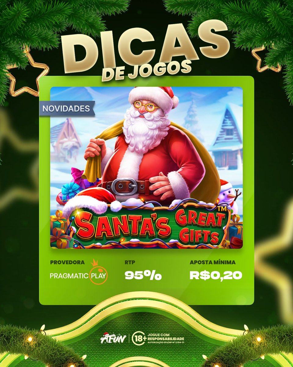 🎄🎅 DICA DE JOGO NATALINA, AFUNÁTICOS! 🎅🎄
 
Santa’s Great Gifts chegou trazendo presentes e muita diversão! 🎁😎

🎮 Jogo: Santa’s Great Gifts  
🏢 Provedora: Pragmatic Play  
📊 RTP: 95%  
💰 Aposta mínima: R$ 0,20  

Conta aí: já testou esse ou vai colocar na lista? 👇🎄💬