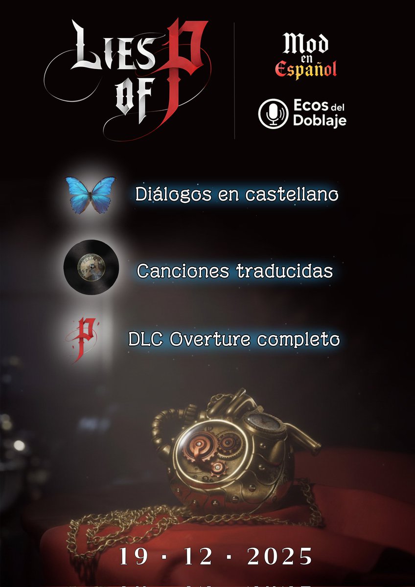 ecosdeldoblaje's tweet photo. La espera ha llegado a su fin. El destino de Krat queda en tus manos. Descarga el mod de Lies of P doblado al castellano el 19 de diciembre. https://t.co/3hwxhbffEu