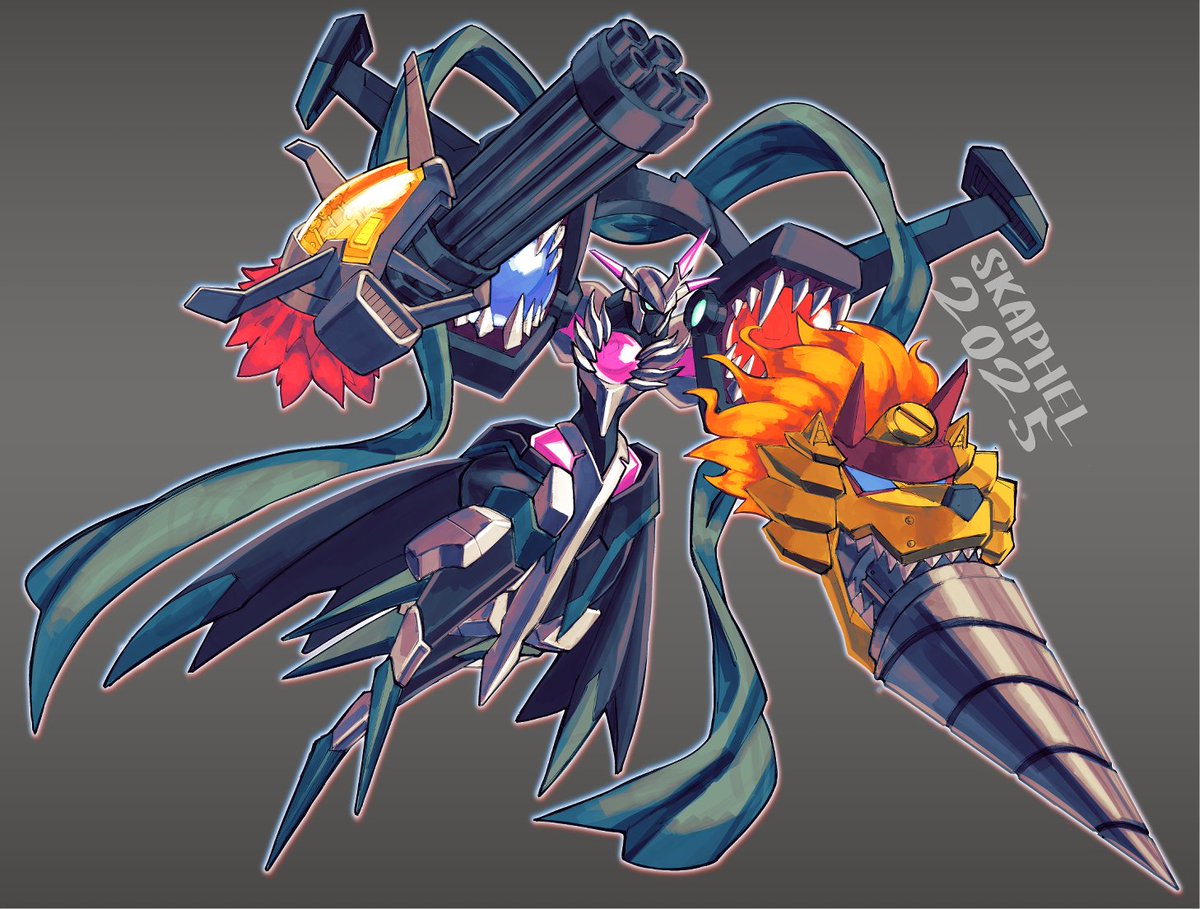 Skaphel's tweet image. Small fanart of Chaosmon Alter Sigma, @AderekArt 's original digimon design
A really cool looking digimon oc !