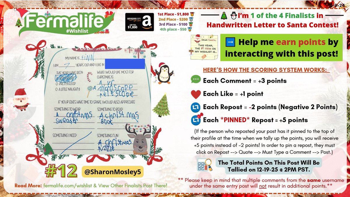 SharonMosley5's tweet image. 🎅I'm 1 of the 4 finalists for @fermalife's Handwritten Letter to Santa Wishlist Contest. Interact with this post to help me earn points and win! The contest ends on Friday 12-19-2025 @ 2PM PST. View more details and see the other finalists' posts here: fermalife.com/wishlist