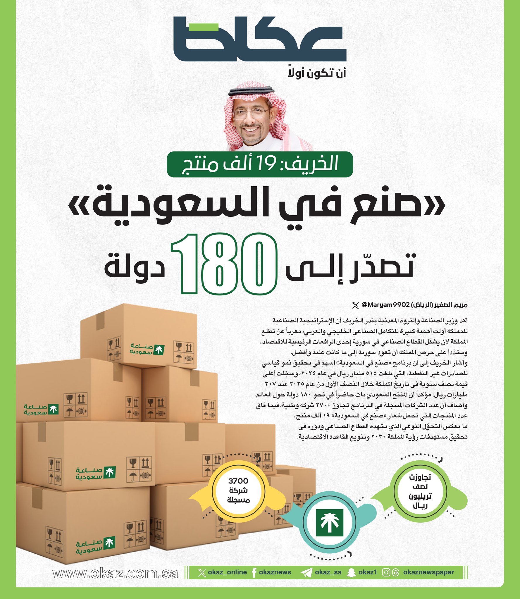 الخريف: 19 ألف منتج «صنع في السعودية».. تصدر إلى 180 دولة. مريم الصغير Maryam9902. للاطلاع على 