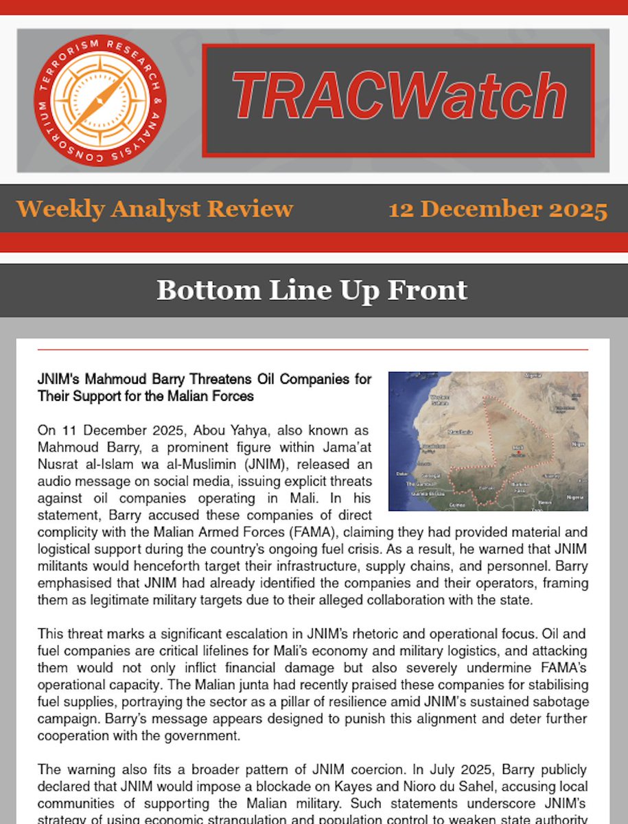 TracTerrorism's tweet image. ⚠️ #TRAC Weekly Brief:
• #JNIM hits #Mali’s oil companies
• Al-#Shabaab suicide #attack kills 18+
• #AQAP ramps up online recruitment
• #Nigeria uncovers #organ-harvesting ring
Read here = 
conta.cc/499hPGA