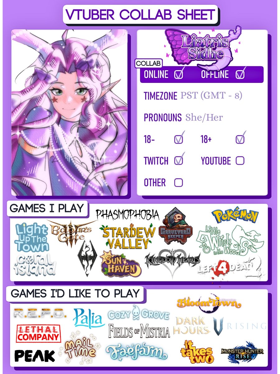 SynnaMoonveil's tweet photo. Liatris Sidhe (Lia Fey) - VTuber Collab Sheet
Do we play any games in common?
#VTuber #ENVTuber #CollabSheet #LiaFey https://t.co/Cxerd6P5mr