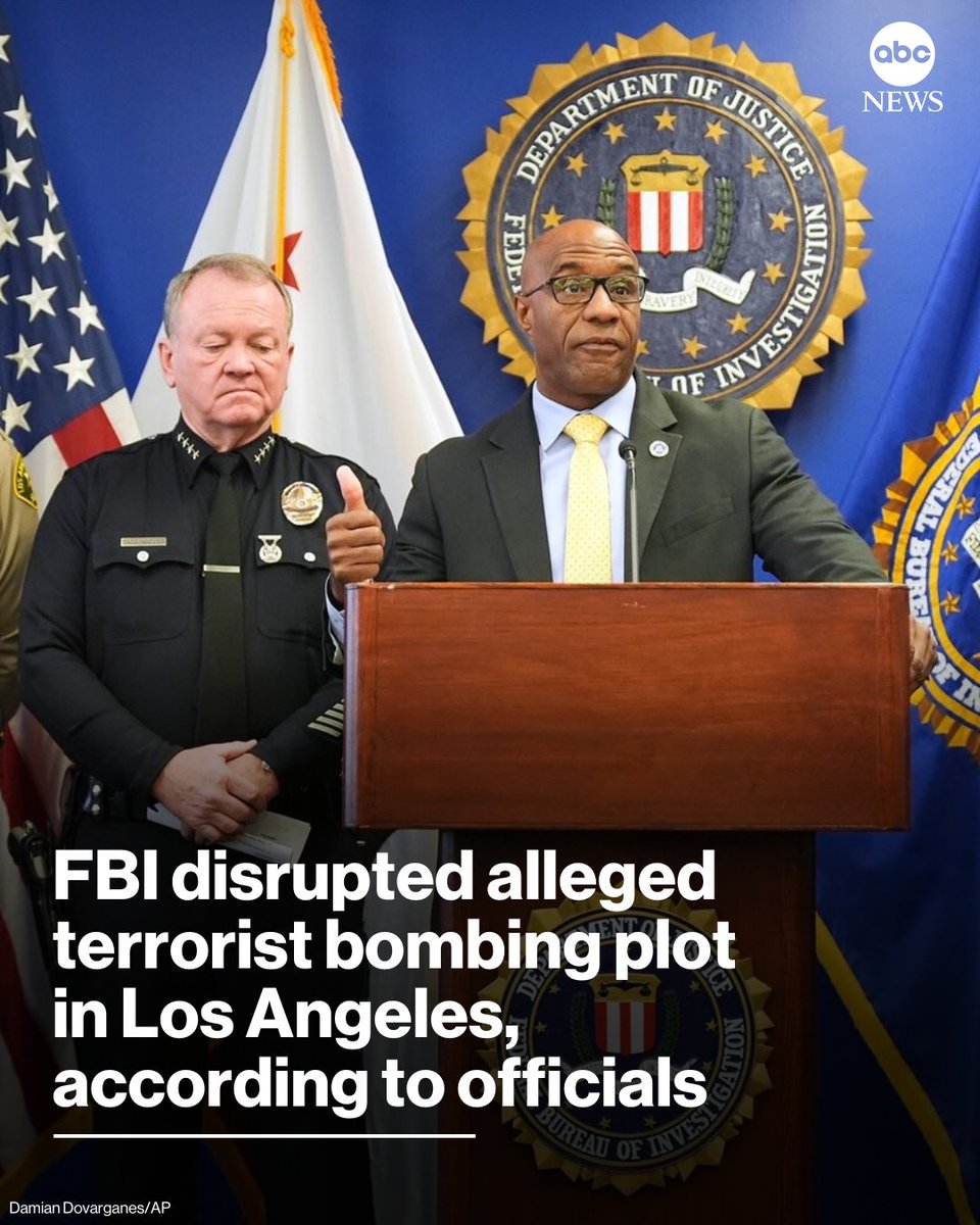 ABC's tweet image. AG Pam Bondi announced that the FBI disrupted a "horrific terror plot" by an anti-government extremist group allegedly planning a series of bombings against multiple targets in Orange County and Los Angeles beginning on New Year's Eve. abcnews.link/GGy5lyU