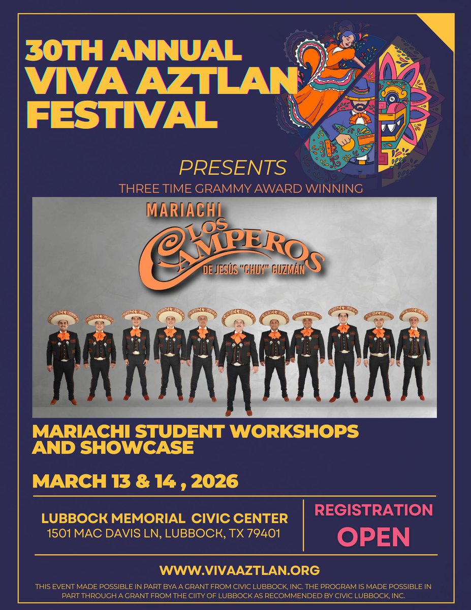 ¡Viva Aztlán Festival está de regreso para celebrar su edición 30 con talleres y un gran concierto!

- 🗓️ 13 y 14 de marzo, 2026
- 📍 Lubbock Memorial Civic Center
- 🔗 Registro abierto: vivaaztlan.org

#mariachiloscamperos #llegaronloscamperos