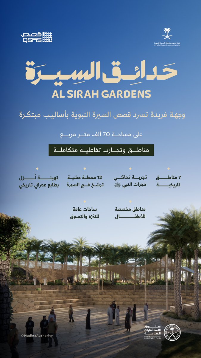 #حدائق_السيرة..
تُقدَّر قيمة الاستثمار في المشروع بنحو نصف مليار ريال، فيما تصل طاقته الاستيعابية - عند اكتمال مراحله - إلى نحو 10 ملايين زائر سنويًا، بما يسهم في تنشيط الحركة السياحية والثقافية في #المدينة_المنورة.