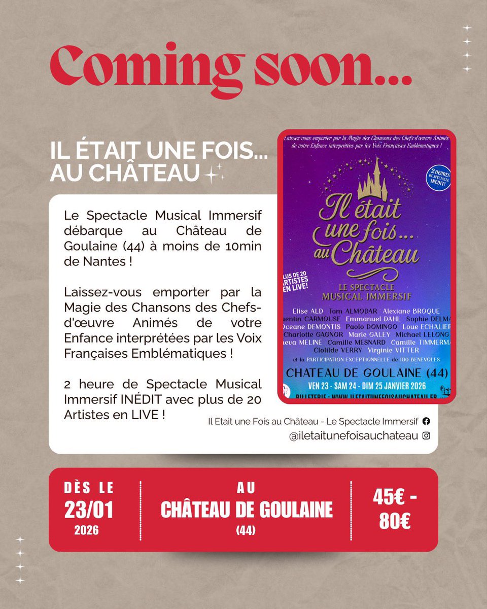 FanMusicaleC's tweet image. [SPECTACLES] 🎭

L'année 2025 se termine, mais les spectacles se poursuivent bien sûr en 2026 ! 

🎭 "Il était une fois... au château" au château de Goulaine (44)
🎟 iletaitunefoisauchateau.fr

🎭 "Grimm la comédie musicale" à Calais (62)
🎟 adeact-lille.com/grimm/