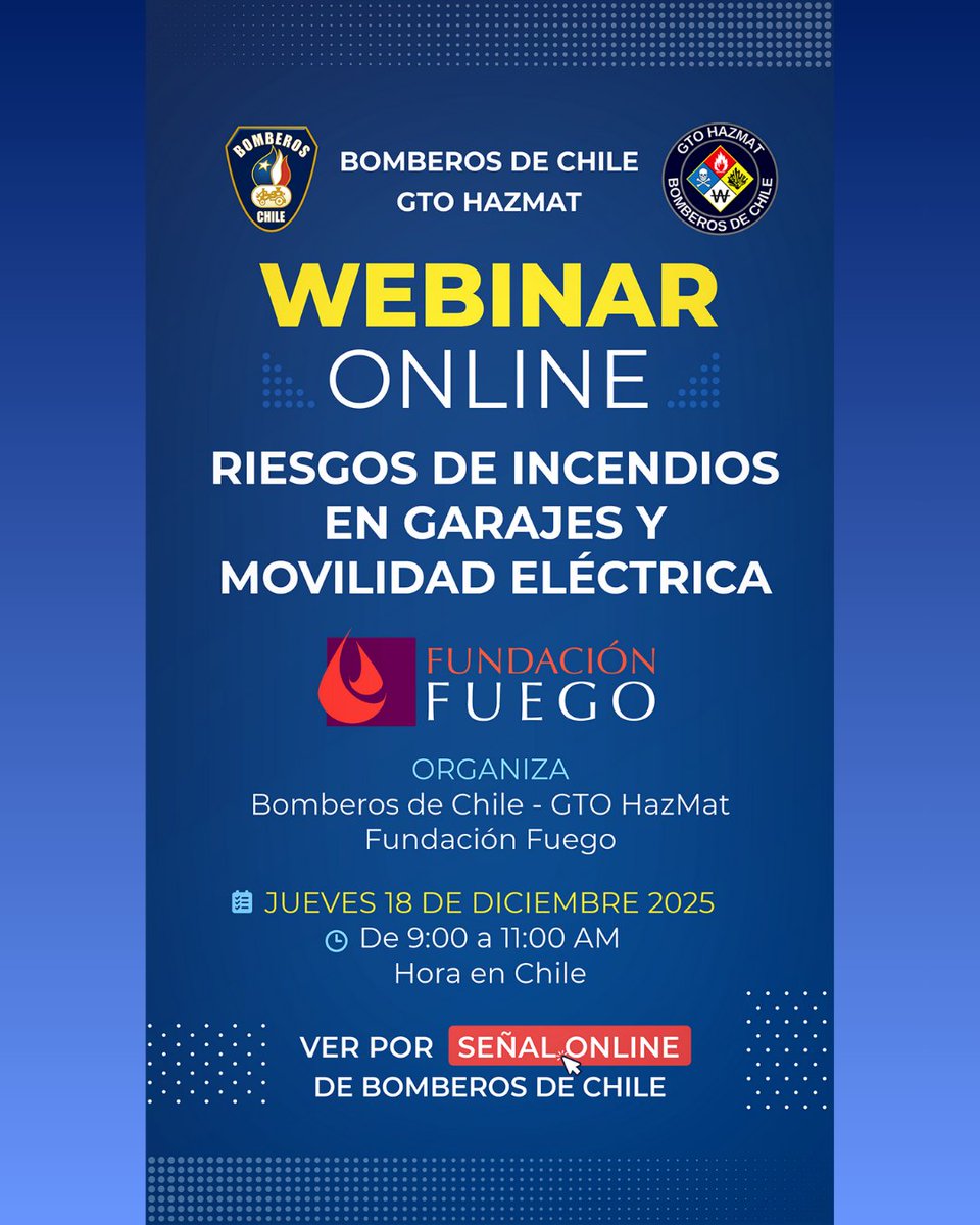 GTOHAZMAT's tweet photo. 🔥🚒 WEBINAR ONLINE | GTO HAZMAT – Bomberos de Chile 🚒🔥

⚡ “Riesgos de incendios en garajes y movilidad eléctrica” ⚡
📅 Jueves 18 de diciembre de 2025
⏰ 09:00 a 11:00 hrs (Hora Chile)
💻 Transmisión por señal online de Bomberos de Chile https://t.co/u3n7XzrkUR