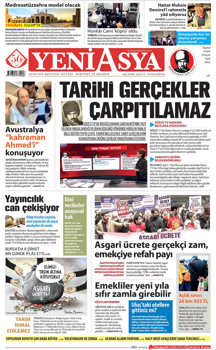 16 Aralık 2025 Yeni Asya 1. Sayfa yeniasya.com.tr/e-gazete/