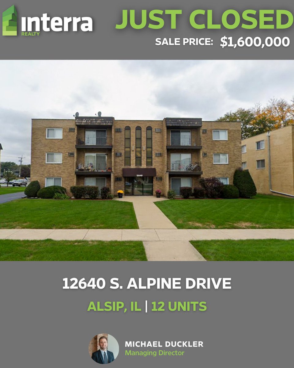 InterraRealty's tweet image. JUST CLOSED | Alsip, IL
Congratulations to Interra Realty Managing Director Michael Duckler who recently brokered the sale of this 12-unit multifamily property in Alsip, IL.

#CRE #Multifamily #JustClosed #RealEstate