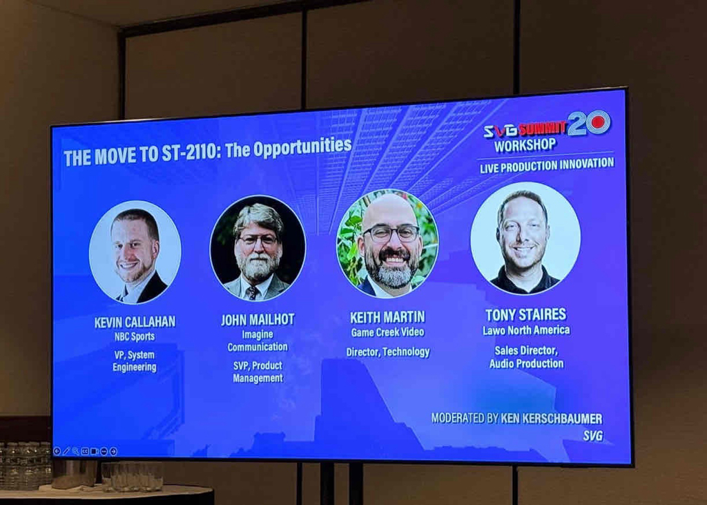 Imagine_Comms's tweet photo. A well-attended session at #SVGSummit20 this morning explored the opportunities around the move to ST 2110. John Mailhot joined experts from @NBCSports, @GameCreekVideo, and @lawo to share real-world insight into IP in live production. @sportsvideo https://t.co/qlZB24RpWi