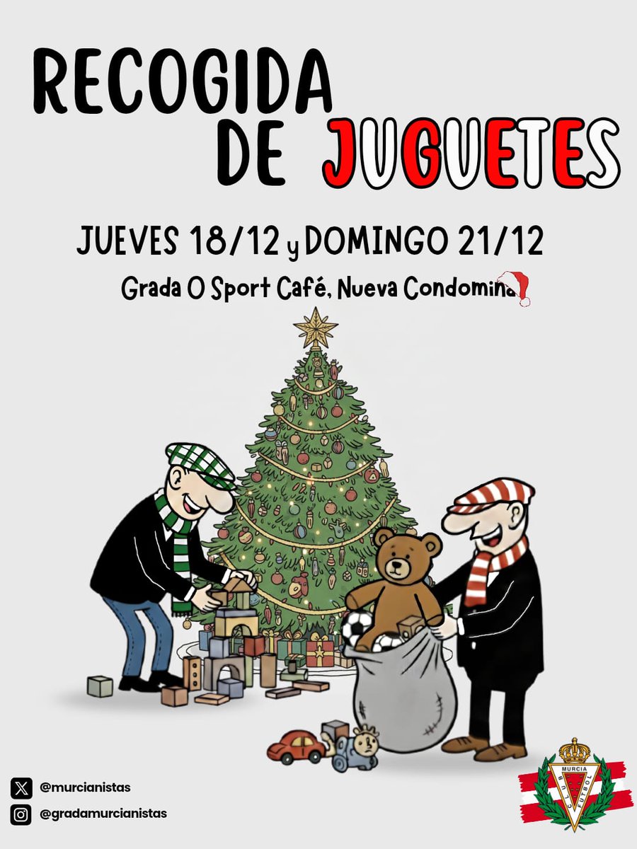 Murcianistas, en estas fechas hay que ayudar y repartir ilusión a los que más lo necesitan, aportando cada uno nuestro granito de arena.
Colabora con la recogida de juguetes de navidad de la grada Murcianistas, que ningún niño de España se quede sin regalo de navidad 🎄🎁🔴⚪