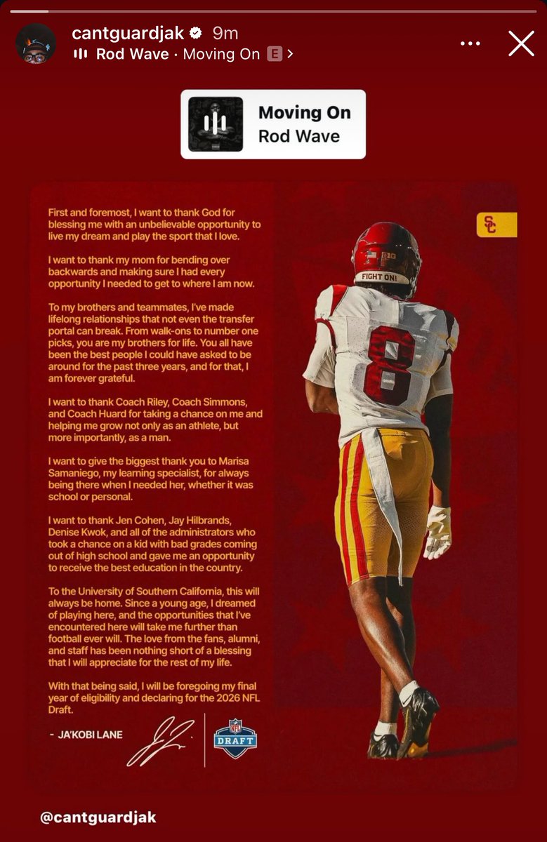TrojanFBx's tweet photo. JaKobi Lane is declaring for the NFL draft. Whichever NFL team lands Lane is getting a very dangerous red zone threat. 

Ball out 🎱 Forever Trojan! ✌️ https://t.co/SCvP6pz1zl