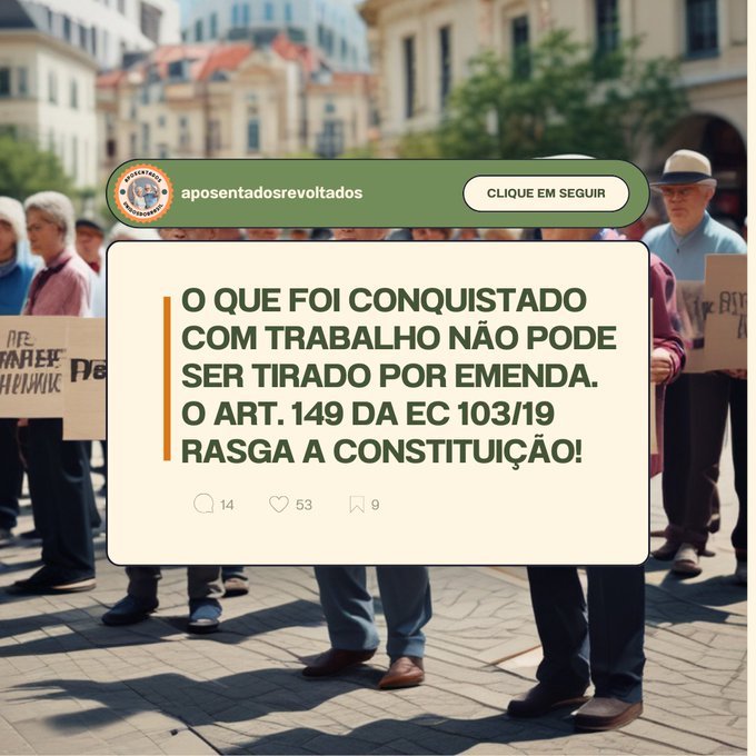 <a href="/Dry_ie/">Drica 🚩🚩</a> <a href="/Marcinhatinelli/">Marcinha Martinelli</a> <a href="/STF_oficial/">STF</a> <a href="/nunesmarquesk/">Kassio Nunes Marques</a> <a href="/MinAMendonca/">André Mendonça</a> <a href="/Cristianozaninm/">Cristiano Zanin Martins</a> <a href="/FlavioDino/">Flávio Dino 🇧🇷</a> Ministros, ponderem sobre os direitos dos aposentados. Votem inconstitucionalidade do art. 149 EC103/19.  @nunesmarquesK 
<a href="/MinAMendonca/">André Mendonça</a> 
<a href="/Cristianozaninm/">Cristiano Zanin Martins</a> 
<a href="/FlavioDino/">Flávio Dino 🇧🇷</a> 
Justiça Social
 #AposentadoriaJusta
Fachin Paute ADI 6254