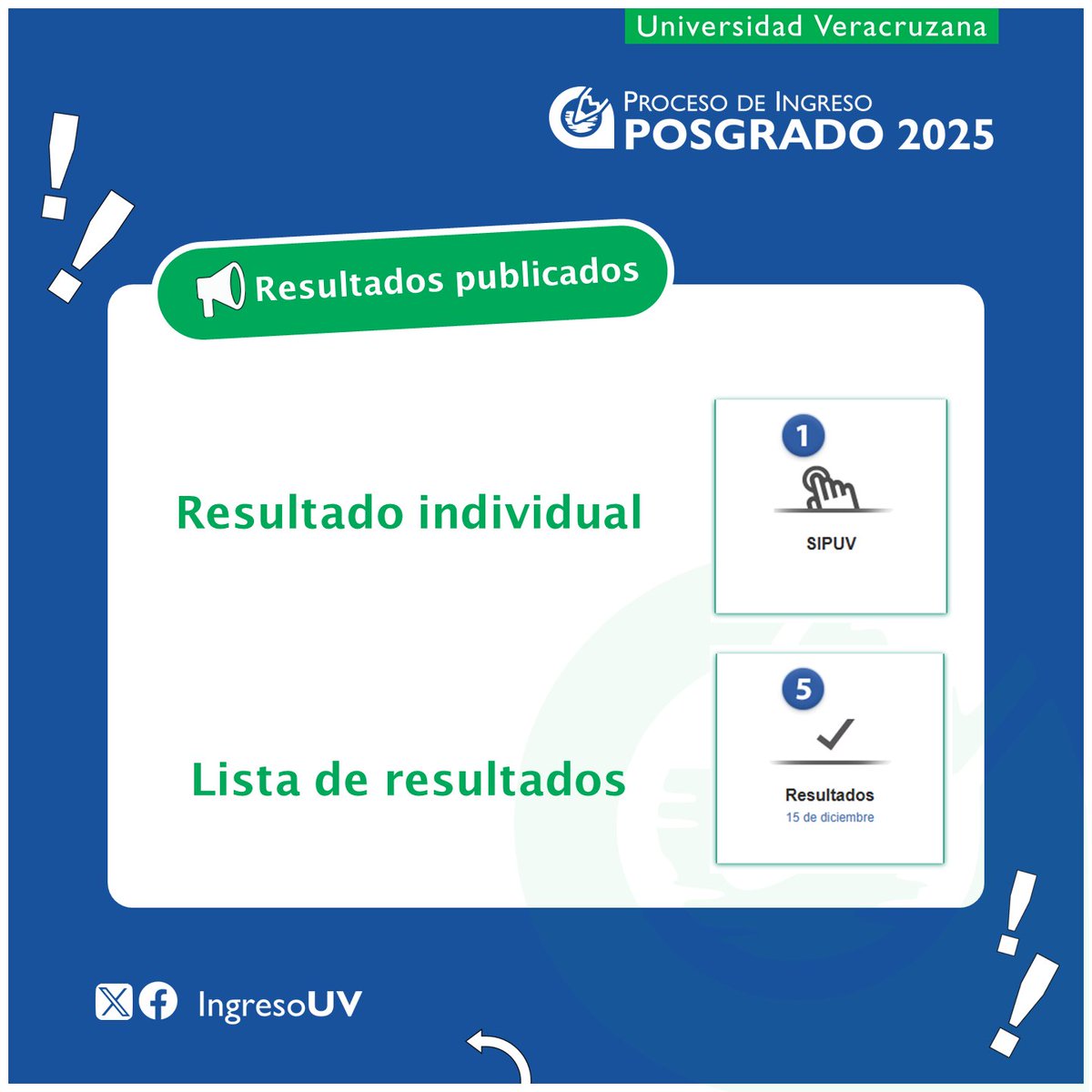 IngresoUV's tweet image. #AspirantesPosgradoUV2025
✅👩‍💻👨‍💻 Se han publicado los resultados de ingreso a Posgrado 2025-II, pueden consultar la lista o bien su resultado individual desde el portal de la convocatoria.
⚜️Bienvenidos futuros Halcones #UV
@UVeracruzanaMx @LuzioUV