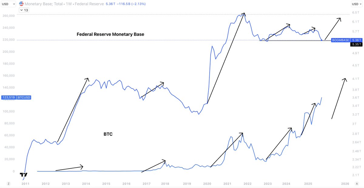 This is the only chart that matters.

Every single bull market for Crypto has been driven by Central bank liquidity(No this is not the M2 chart).

When it increases, Bitcoin pushes.
When it decreases, Bitcoin drops.

To clarify, this chart is a month behind as the data only