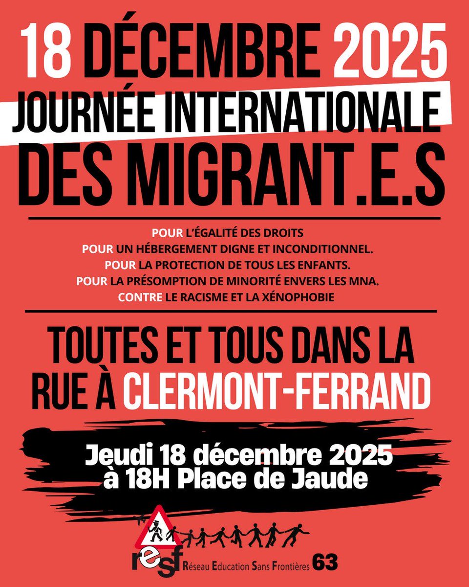 Le 18/12 on prend la rue pour la journée internationale des migrant.e.s
➡️ 18 heures
➡️ Place de Jaude

Soyons nombreuses et nombreux pour ne pas laisser la rue aux idées d’extrême droite. 

#clermontferrand ville d’accueil, engagée et solidaire !