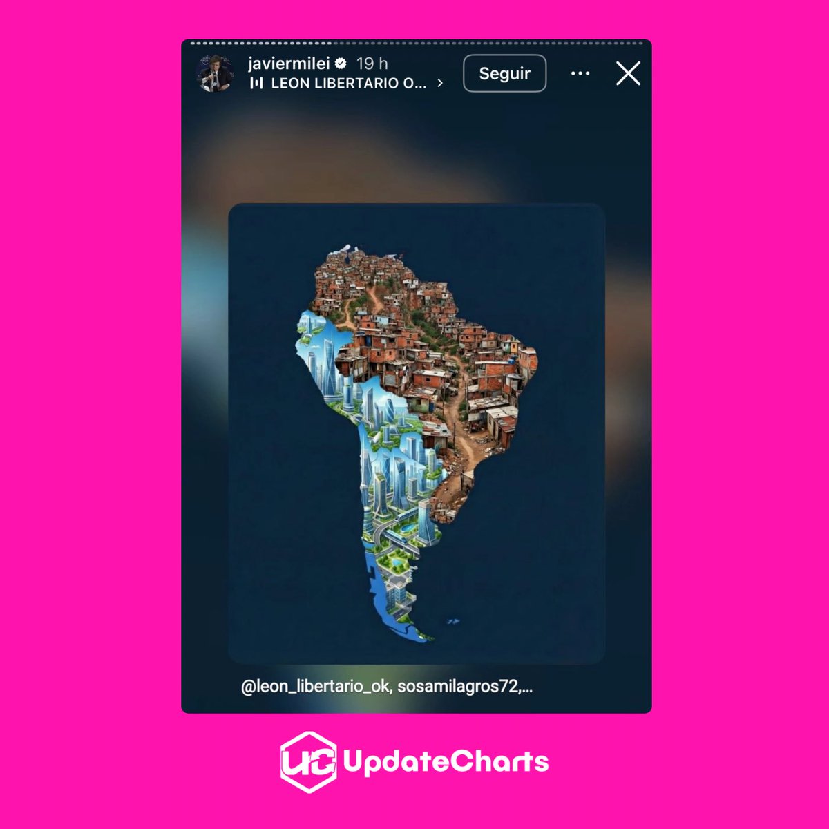 updatecharts's tweet photo. Javier Milei, presidente do país mais racista da América do Sul, alfineta o Brasil ao publicar nos stories uma imagem do mapa do país coberto por favelas. https://t.co/TJRXSsBeyP