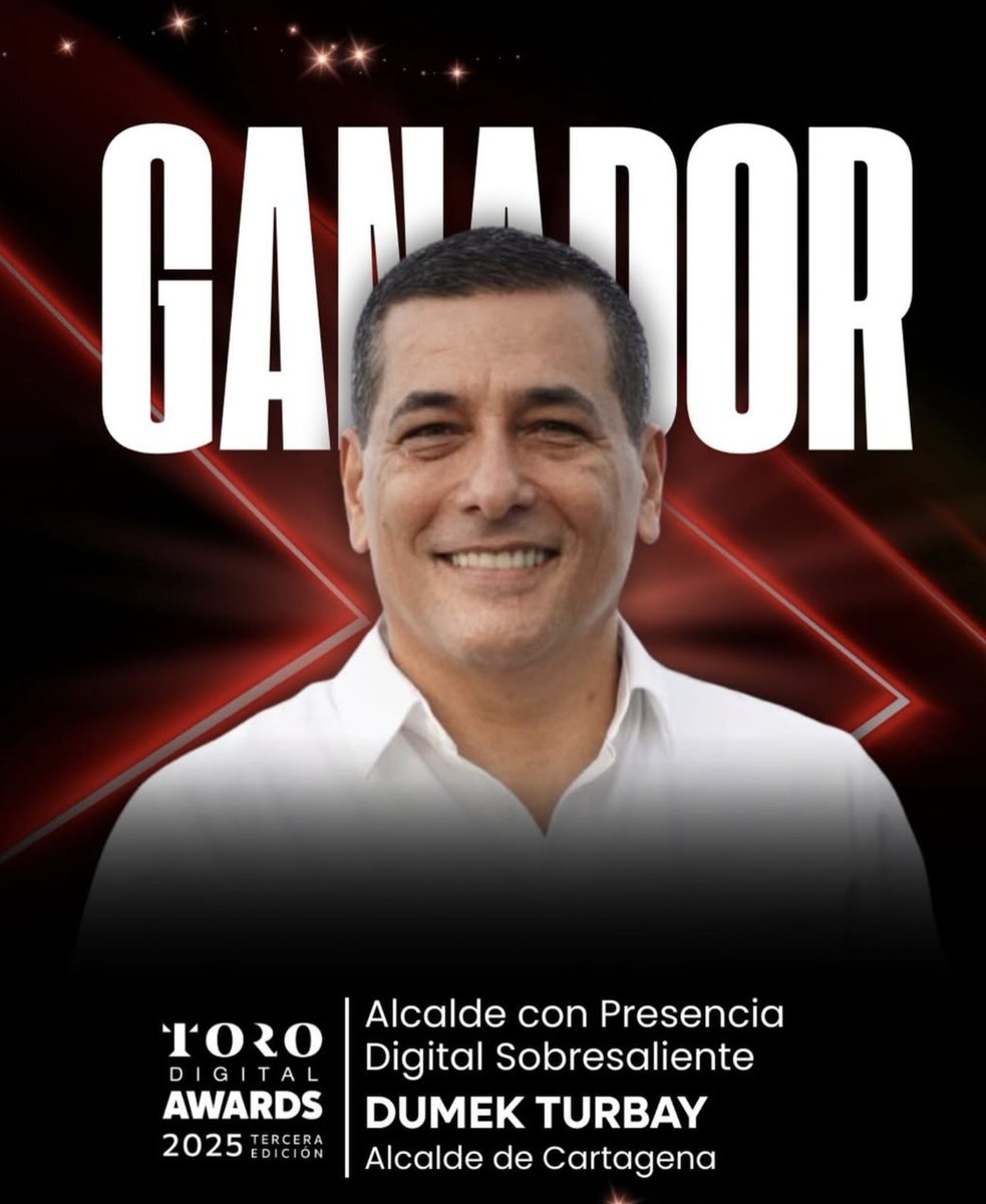 🏆 GANADOR – TORO DIGITAL AWARDS 2025
✨ Alcalde con Presencia Digital Sobresaliente ✨

<a href="/dumek_turbay/">Dumek Turbay Paz</a>  Su gestión digital ha sobresalido por una narrativa cercana y territorial, que conecta la transformación de Cartagena con sus ciudadanos.