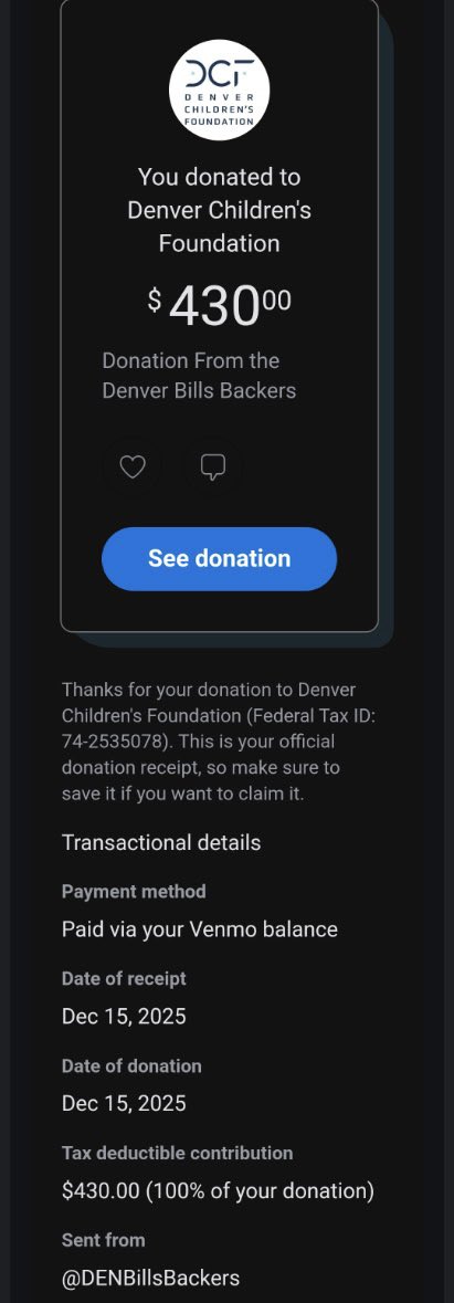 DenBillsBackers's tweet image. LAST weeks donation (sorry it’s late, I was sick all last week) goes to the Denver Children’s Foundation. $430 thanks to your generosity this holiday season! Thank you #BillsMafia