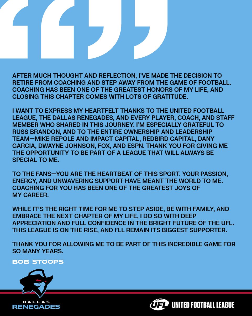 UFLRenegades's tweet image. One of one. Thank you, Coach 🖤

Bob Stoops announces his retirement from Head Coaching.