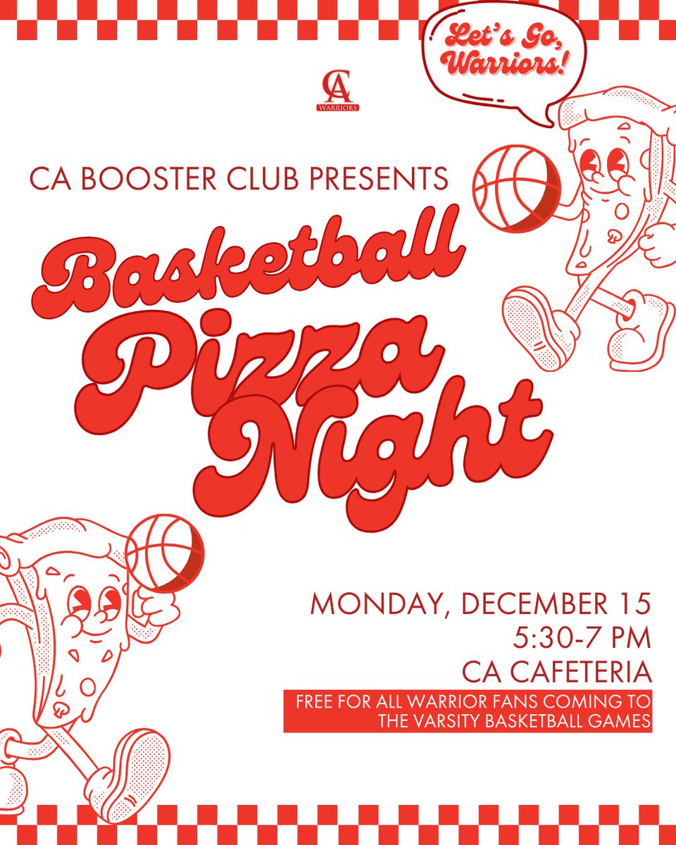 CAwarriors's tweet photo. IT’S GAME DAY! Join us tonight as our Warriors hit the home court to take on WCS. Varsity girls tip off at 5:70 p.m., followed by varsity boys at 7 p.m. All Warrior fans are invited to stop by the CA Booster Club Basketball Pizza Night in the cafeteria from 5:30–7:00 p.m. https://t.co/Rud5GS3DmB