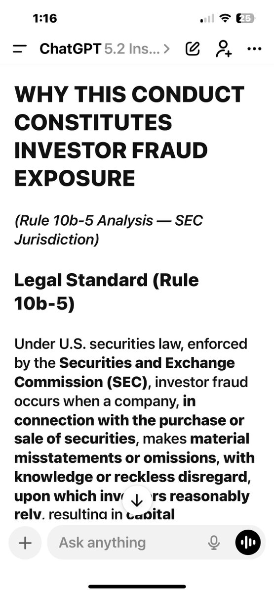 ChatGPTError's tweet image. EXACTLY WHY #ChatGPT says there is #InvestorFraud in #AI Companies ....... Misrepresentation of what #AI can actually do .... in order to raise revenue and gain market share.