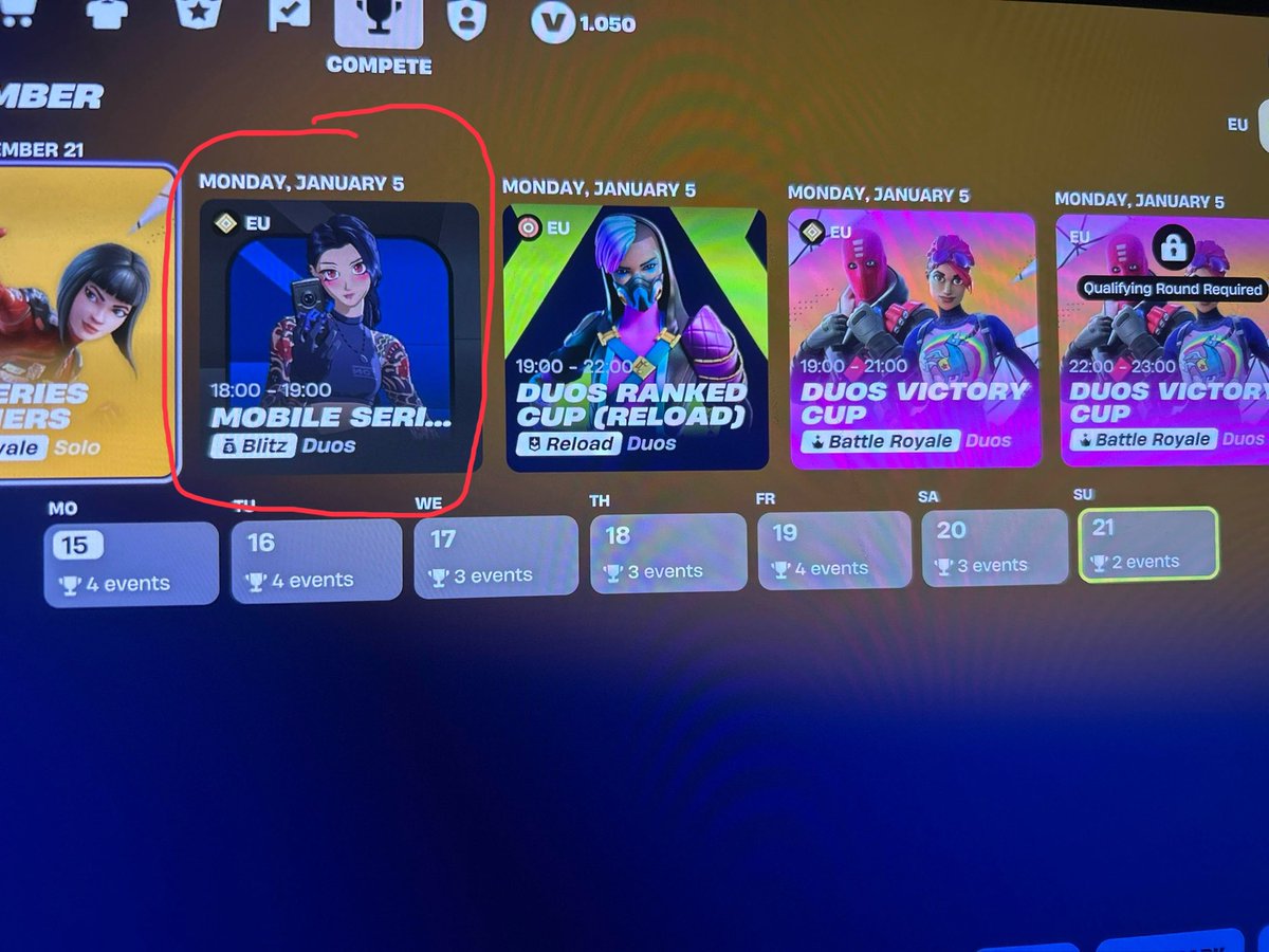 LFD Mobile Series Blitz Cups 
Just got changed to duos

Finals placements: 
3rd (+$800)
3rd (+$800)
1st (+$1000)