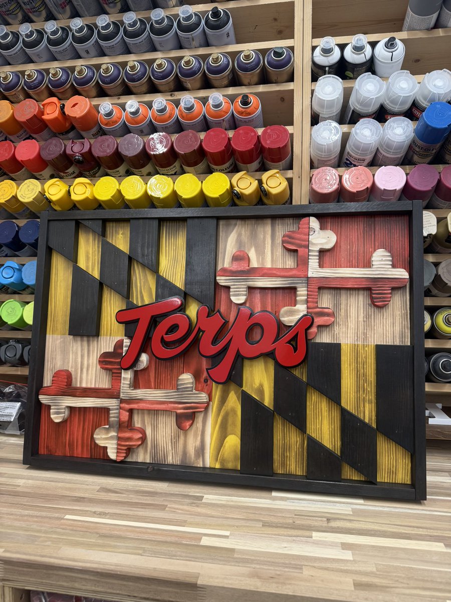 DT3DWoodArt's tweet photo. One of one first of its kind Maryland flag. This is a 30x20 char and stained Maryland flag with black frame. Terps script added. #terps #MD #MDflag https://t.co/6it4UCxI7i