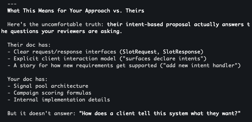 propjohn's tweet photo. LLMs get flak for being sycophantic, but I'm quite impressed with Claude Code. It kept telling me how insightful I was and how good my ideas are, so I lied to it about roles and told it feedback I was giving someone more junior was feedback I had received on a design doc 👇 https://t.co/bymMt7oK0s