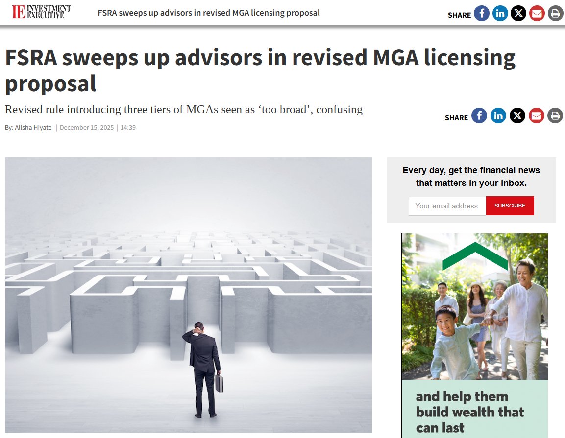 Advocis was highlighted this afternoon in an article from <a href="/IE_Canada/">Investment Executive</a>, examining the Financial Services Regulatory Authority of Ontario’s (FSRA) revised proposal for Life and Health Insurance Managing General Agent (MGA) licensing. investmentexecutive.com/news/fsra-swee…