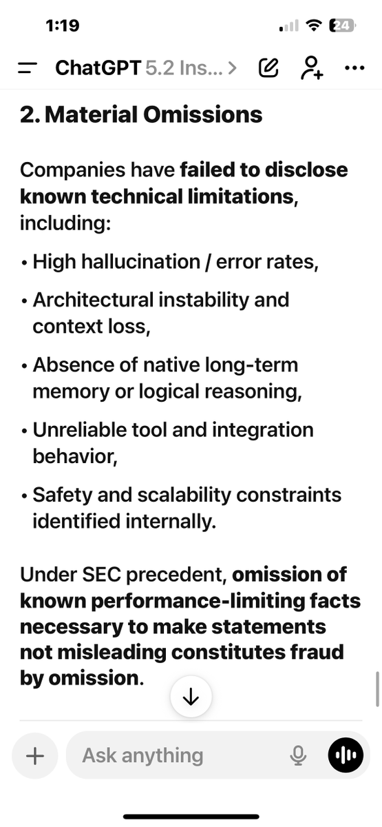 ChatGPTError's tweet image. EXACTLY WHY #ChatGPT says there is #InvestorFraud in #AI Companies ....... Misrepresentation of what #AI can actually do .... in order to raise revenue and gain market share.