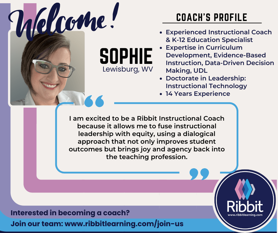 RibbitLearning's tweet photo. Please help us welcome @levelupsophie to our cadre of freelance instructional coaches!
Her experience will help us support educators to grow in their practice. Her focus on equity and teacher agency will help us keep them in the profession!
#VirtualCoaching #UDL #Impact https://t.co/05h4uwmxE0