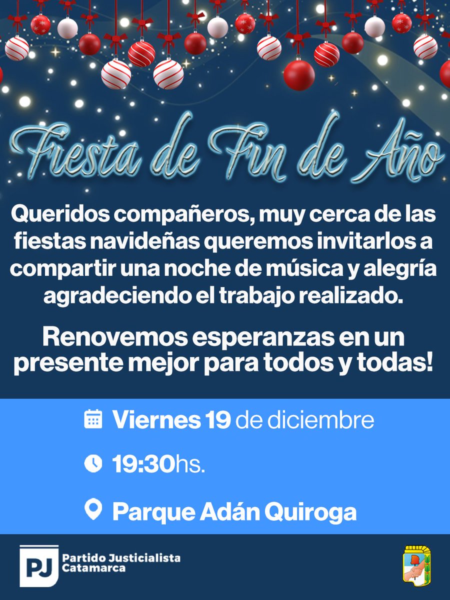 🧑‍🎄Queridos compañeros, muy cerca de las fiestas navideñas queremos invitarlos a compartir una noche de música y alegría agradeciendo el trabajo realizado.
Renovemos esperanzas en un presente mejor para todos y todas!❤️✌🏼🇦🇷

#PJCatamarca #FinDeAño #2025
