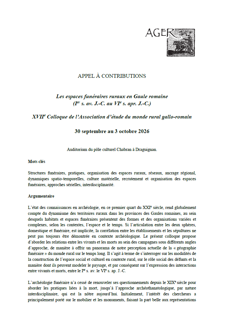 AgerAssociation's tweet photo. [Appel à contributions] Colloque Ager XVII “Les espaces funéraires ruraux en Gaule romaine”, Draguignan, 30 septembre-3 octobre 2026 #archéologie
https://t.co/VJZCxZtu9V https://t.co/k5eThuKaqe