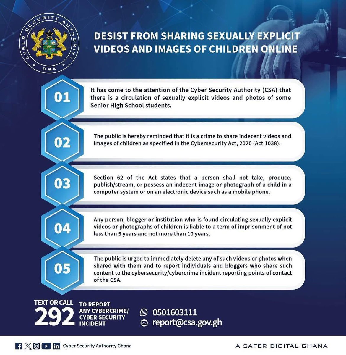 Sharing or forwarding sexually explicit images or videos of children is a serious crime under Ghana’s Cybersecurity Act, 2020 (Act 1038).
Delete. Don’t share. Report immediately.
📞 292 | 📧 report@csa.gov.gh
#ProtectOurChildren #CyberSafetyGH #StopOnlineAbuse