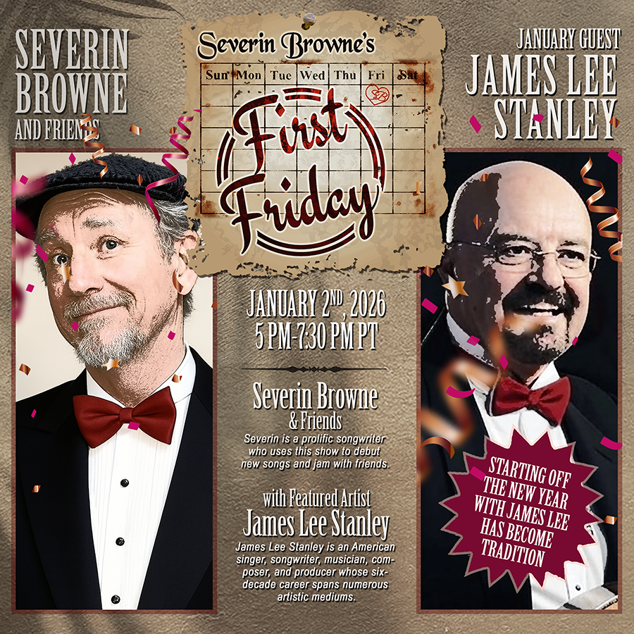 severooni's tweet photo. HEADS-UP! In Person Seating for James Lee Stanley As the Featured Guest on the New Year's Jan 2026 First Friday (January 2, 2026, 5-7:30 PM PST) is SOLD OUT!
HOWEVER, this show will also be LIVE ONLINE
on YouTube at https://t.co/rWb8JvAYKP https://t.co/k3Po259LZQ