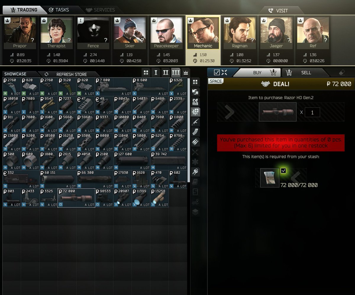 You can now buy Vortex Razor's from Mechanic at 72k roubles at level 3 loyalty! 
THIS IS HUGE! #EscapefromTarkov