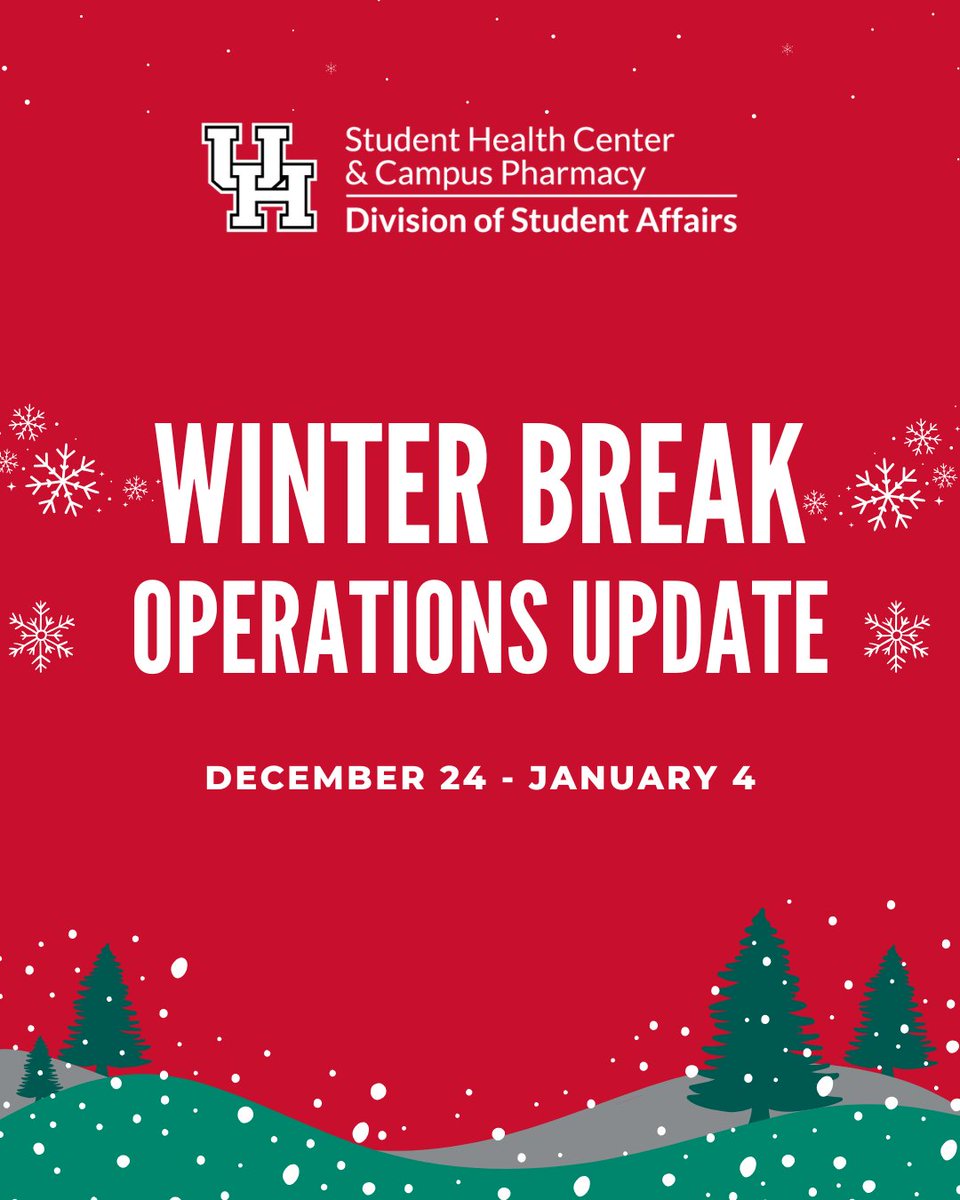 📢 Winter Break Closure Alert!
The Student Health Center and Campus Pharmacy will be closed from Dec. 24 to Jan. 4.

✅ Plan ahead for prescriptions and appointments before the winter break!
We’ll reopen on Jan. 5 to keep you healthy and thriving in the new year.